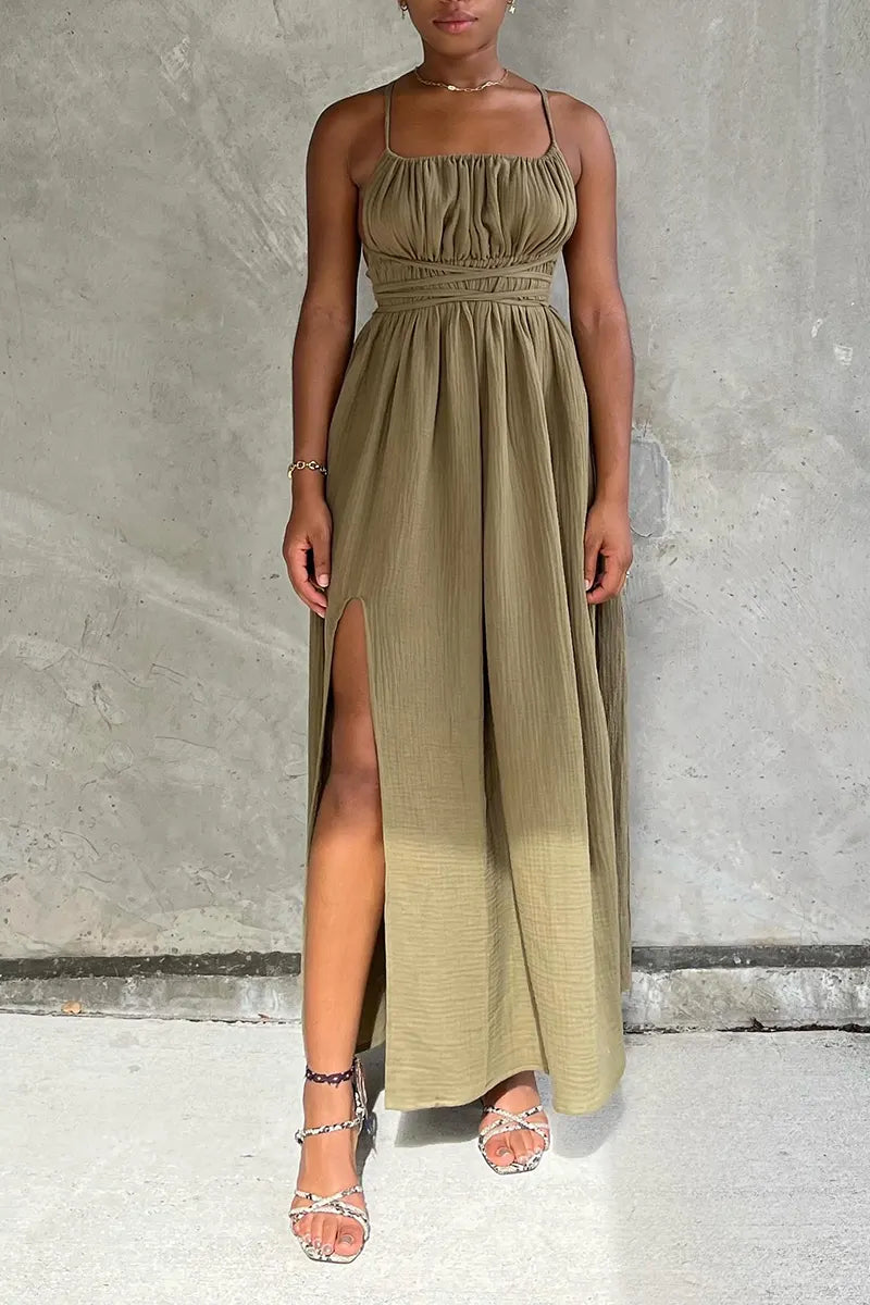 Women's Resort Drawstring Pleated Open Back Dress