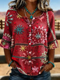 Women's Vintage Floral Print Casual Hollow-out Denim Shirt