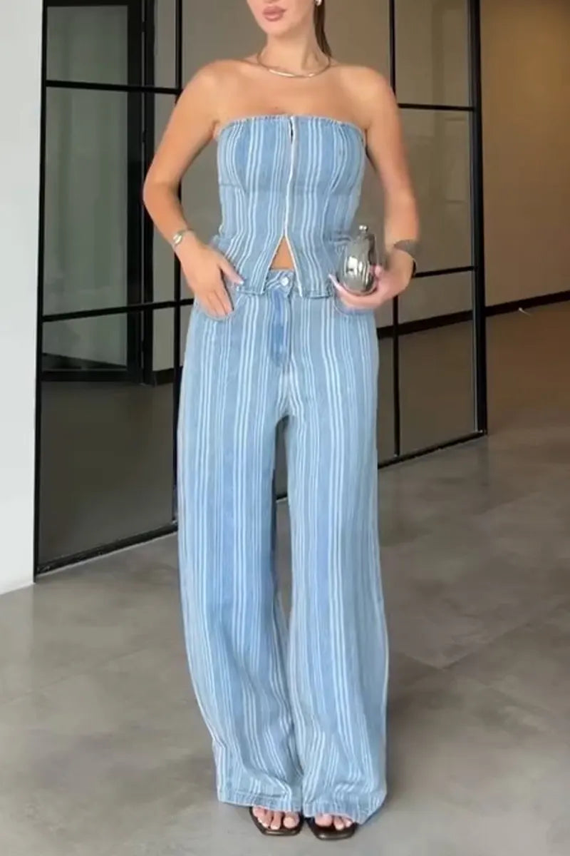 Women's Casual Stripe Denim Bustier or Jeans