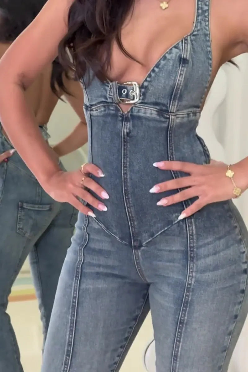 Women's Backless Low Cut Fitted Denim Casual Jumpsuit