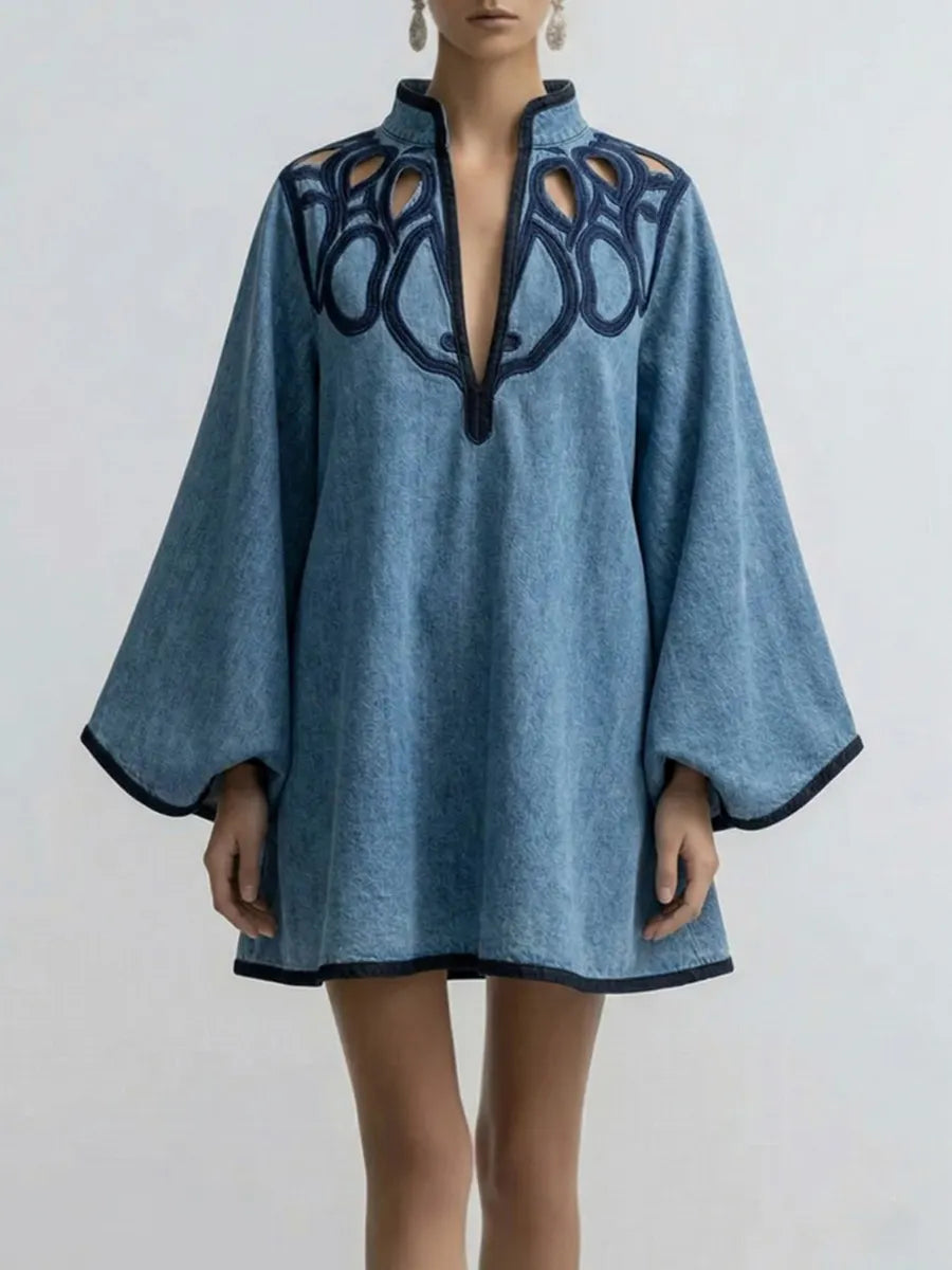 Contrast Color Hollow Split-Joint A-line Long Sleeves Stand Collar Mini Dresses