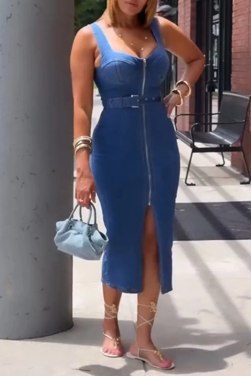 Women's Casual Slim Fit Zipper Cami Denim Dress with Belt