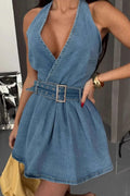 Women's Sexy Halter Neck Backless Denim Mini Dress