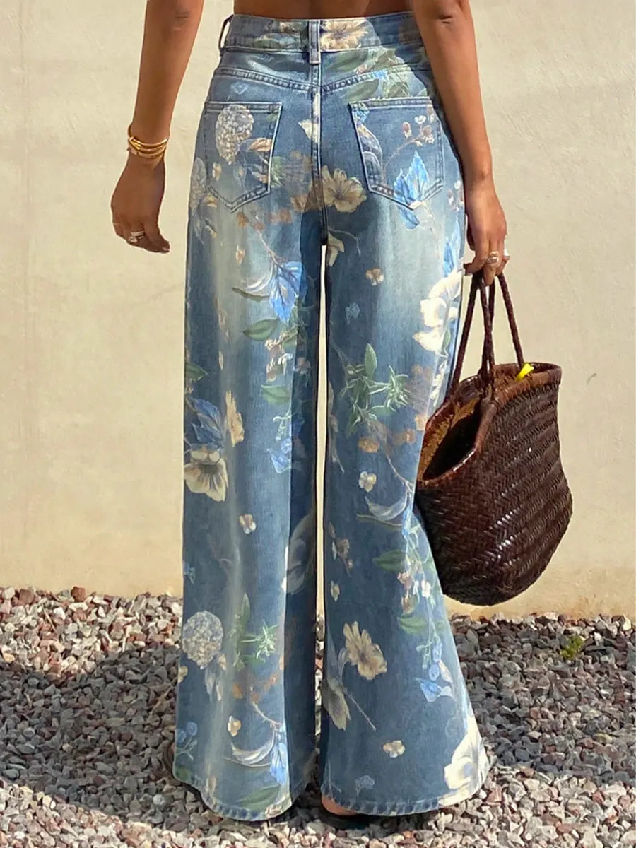Women's Vintage Floral Pattern Art Print Casual Cotton Denim Jeans