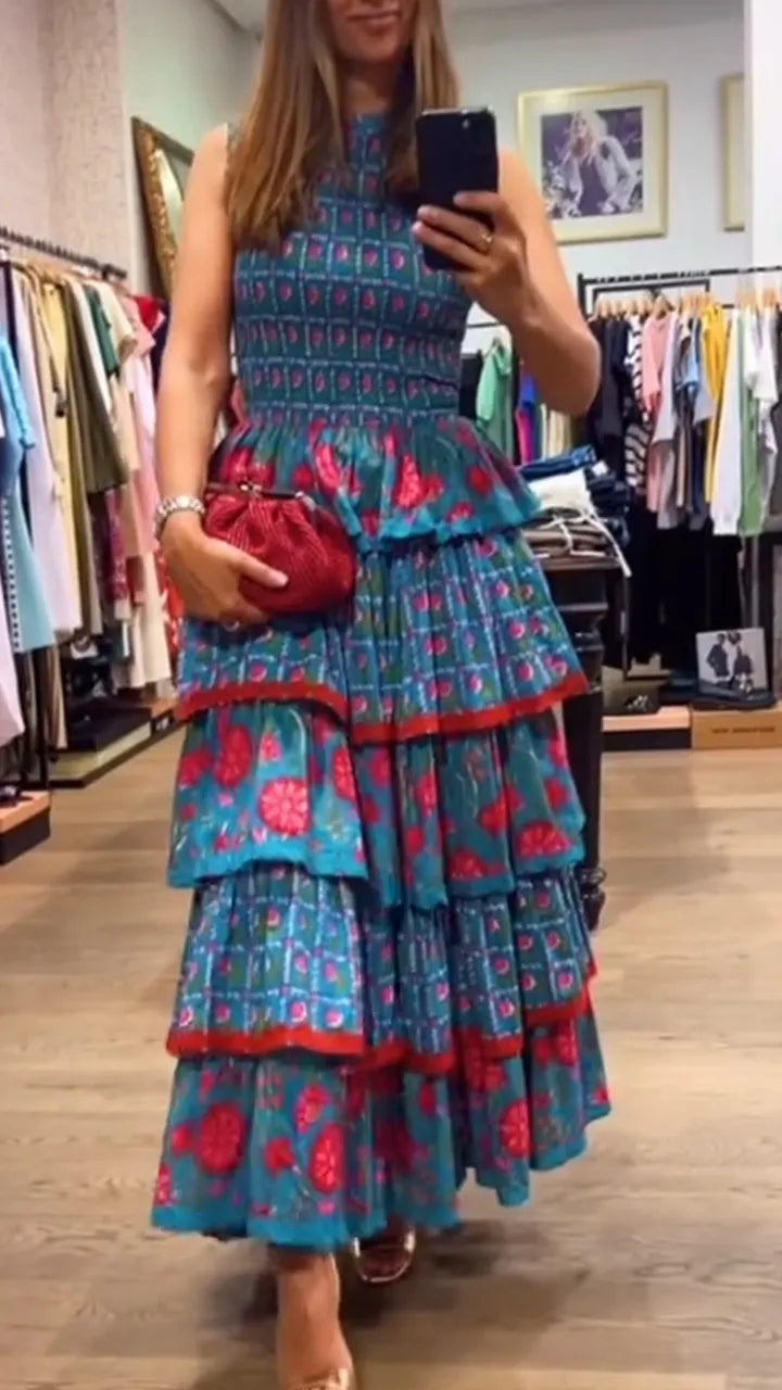 Women Round Neck Sleeveless Patchwork Printed Casual Dress