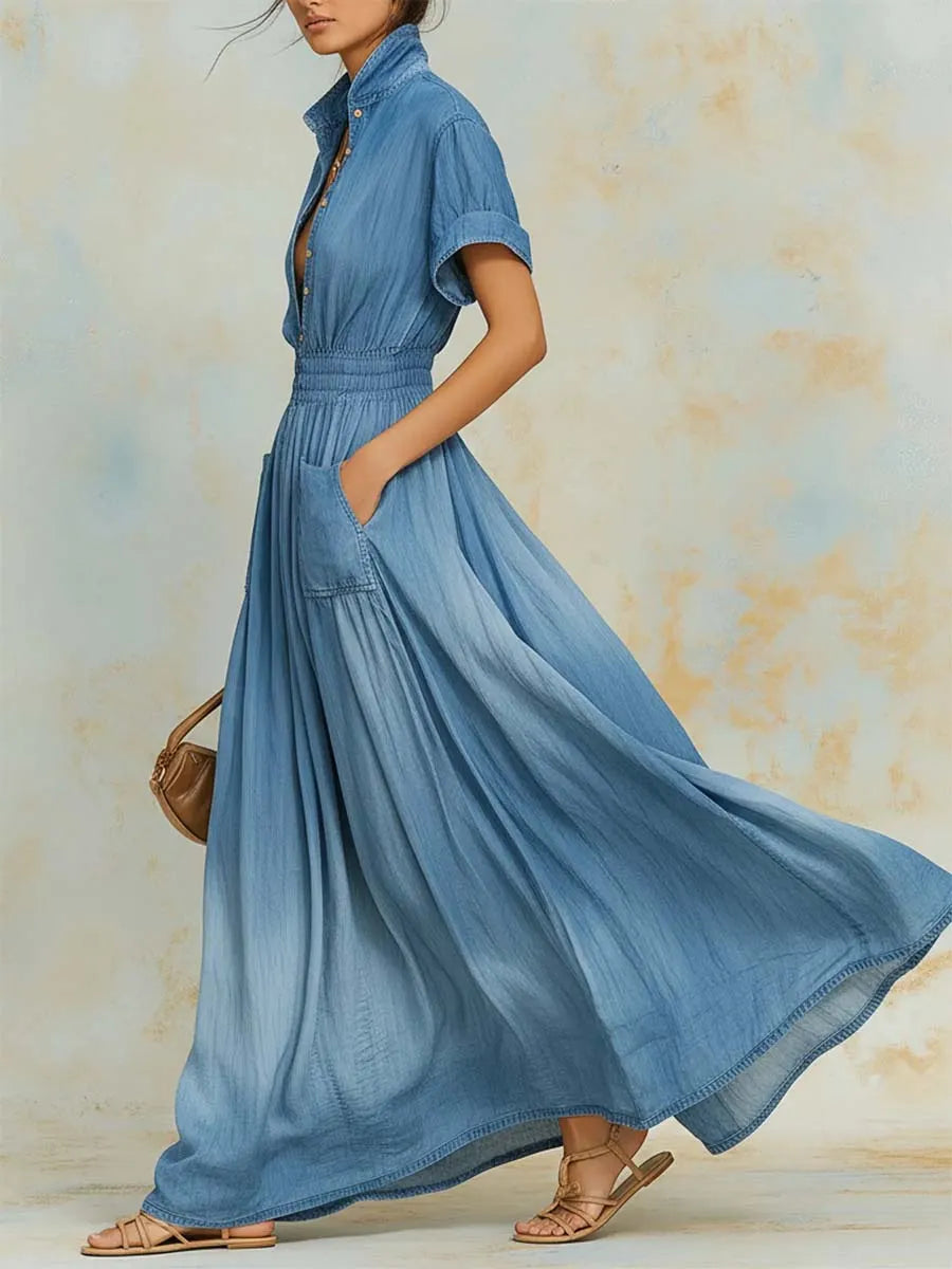 Women's Casual Art Stylish Short Sleeve Denim Maxi Dress
