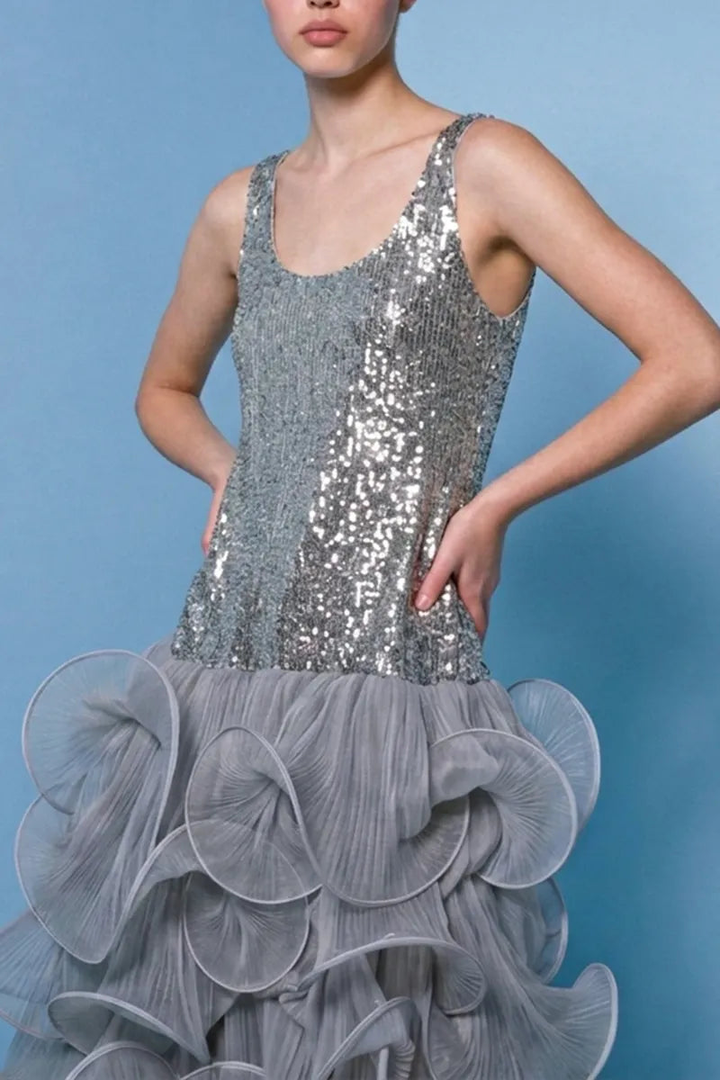 Women's Elegant Shiny Sequins Ruffle Hem Gown Dress