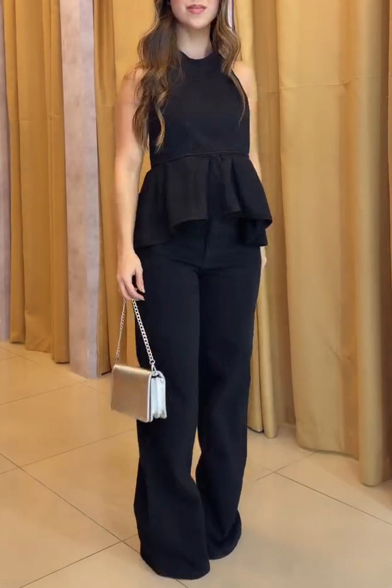 Women's Casual Backless Ruffle Hem Denim Vest or Wide Leg Jeans