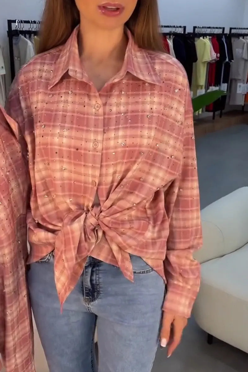 Women Collar Rhinestone Plaid Casual Shirt