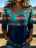 Women's Aztec Art Print Casual Hollow Denim Shirt