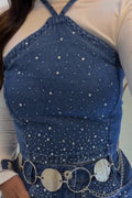 Women's Neck Hanging Rhinestone Denim Top or Rhinestone Denim Skirt