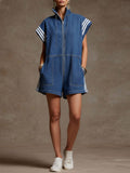 Women's Stand-collar Short-sleeved Casual Loose Short Denim Wide-leg Jumpsuit