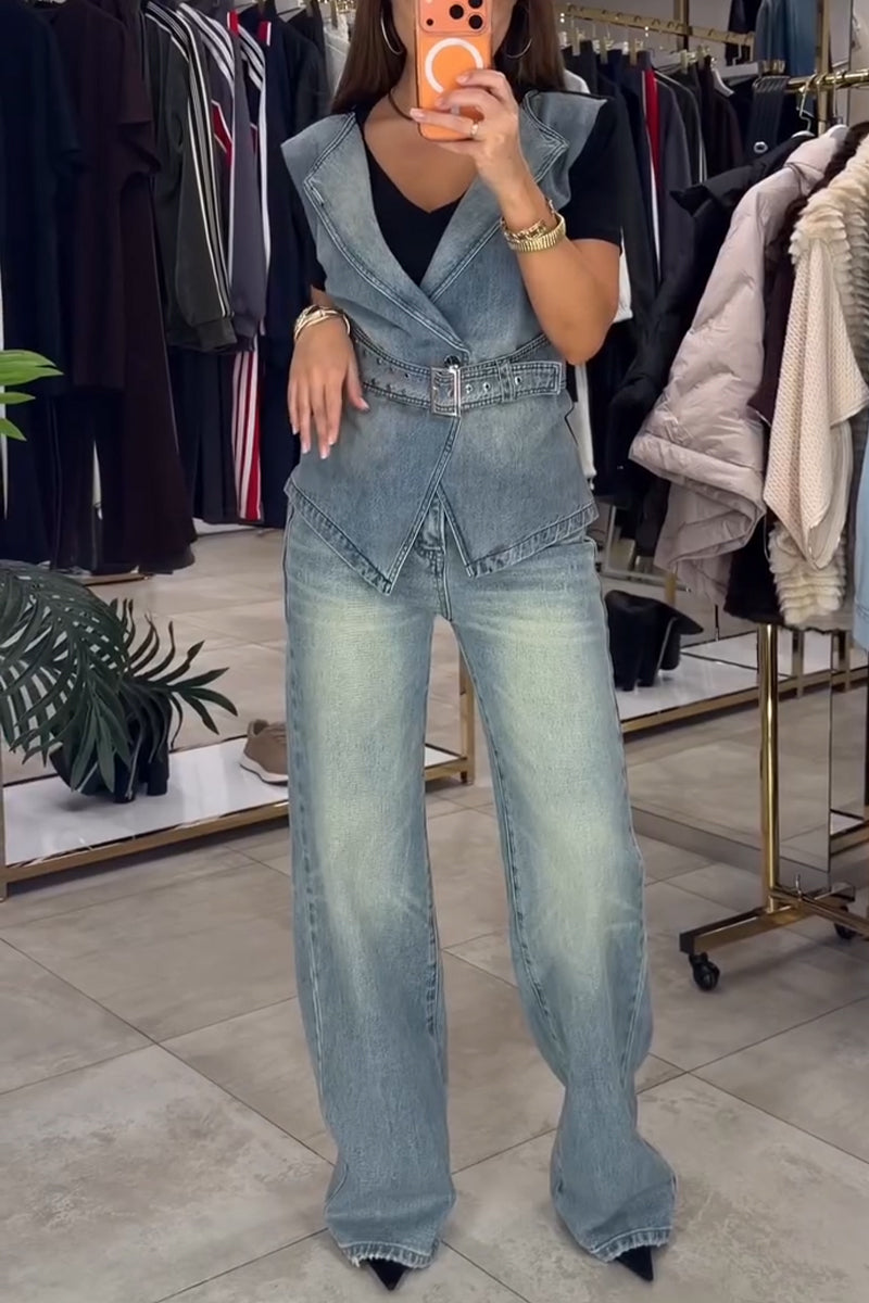 Women's Casual Collar Patchwork Denim Wash Fake Two-piece Top or Jeans