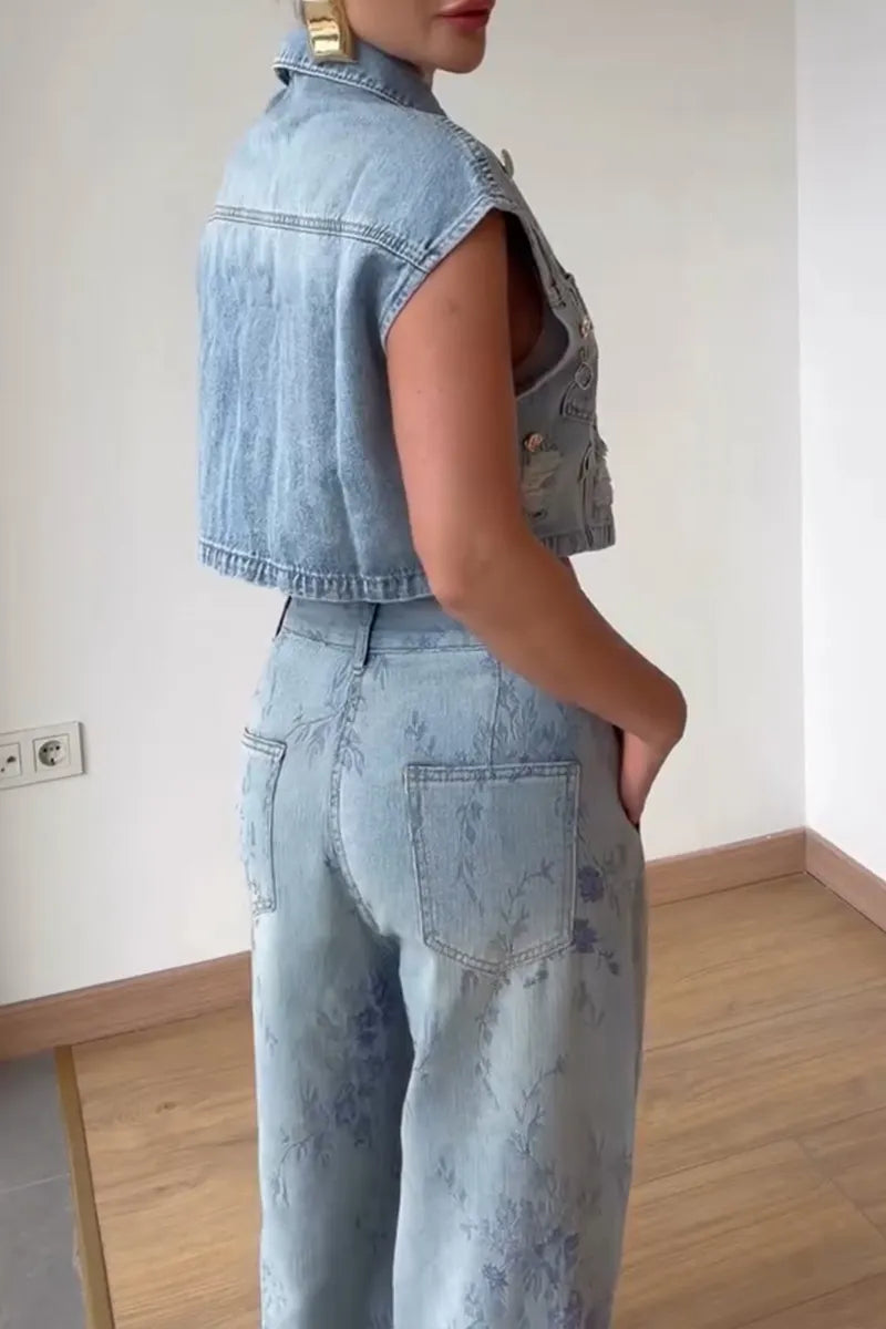 Women's Casual Novelty Button Trim Denim Vest or Pattern Print Rhinestone Jeans