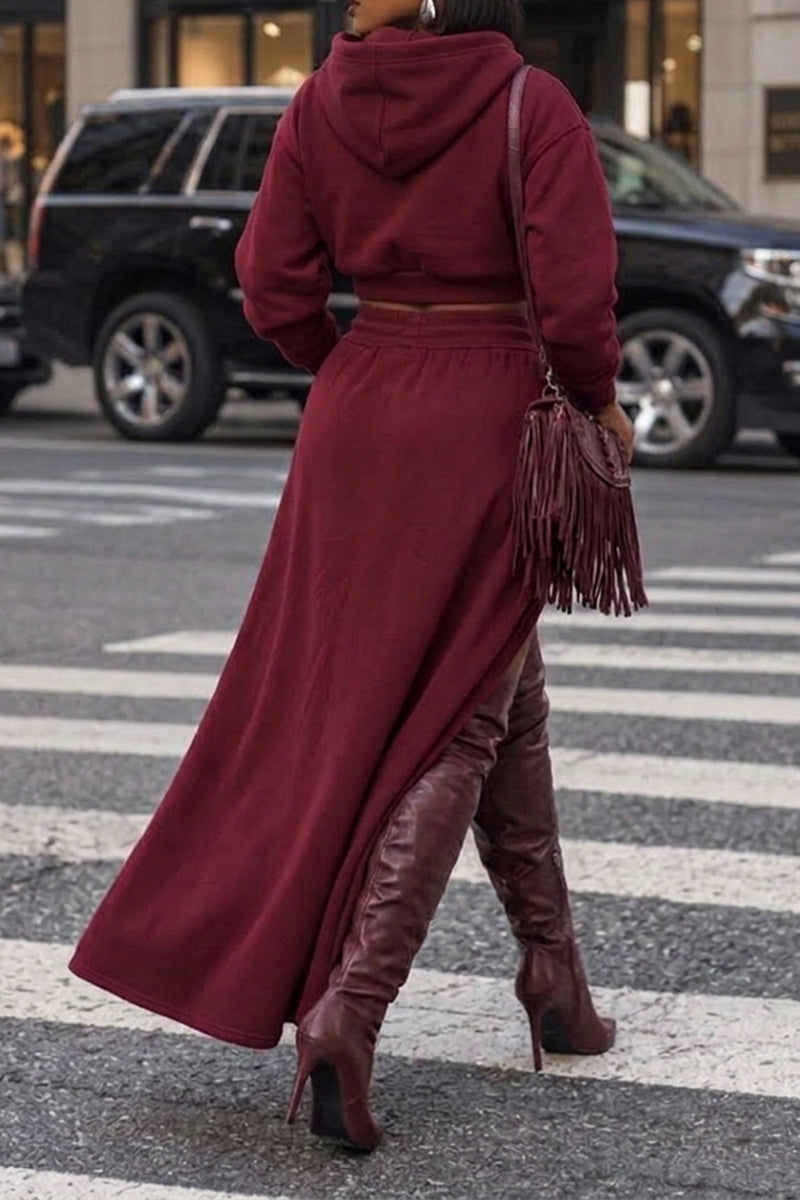 Women's Casual Hoodie Slit Skirt Two-Piece Set