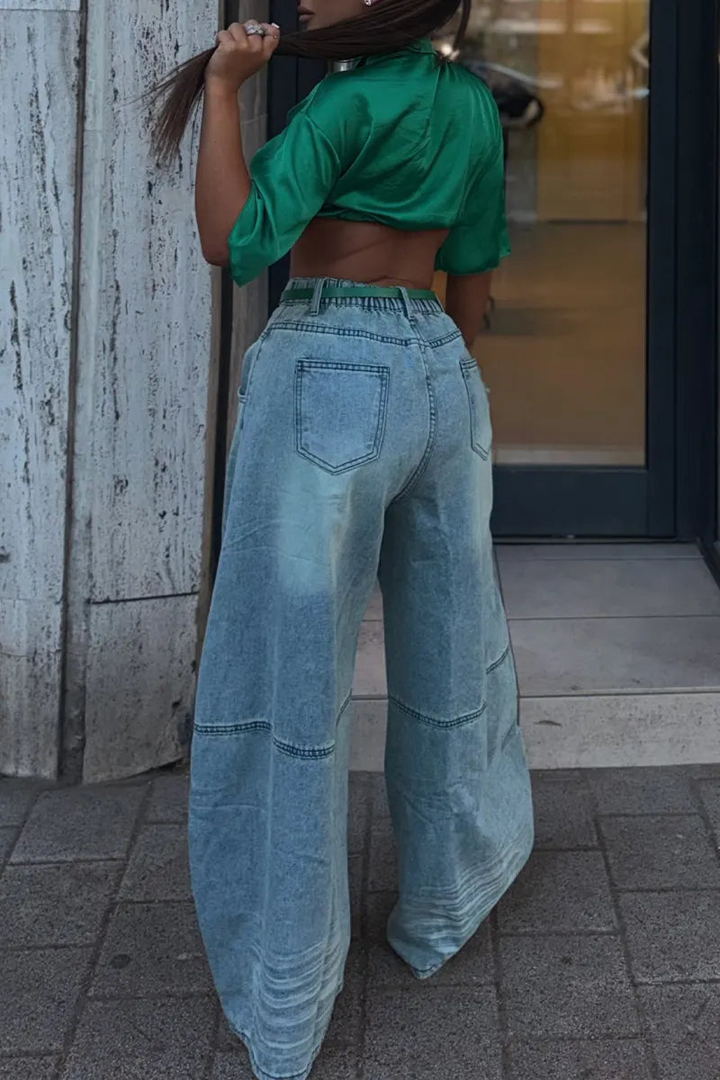 Women's Fashion Short Drawstring Pleated Top or Ripped Wide Leg Jeans