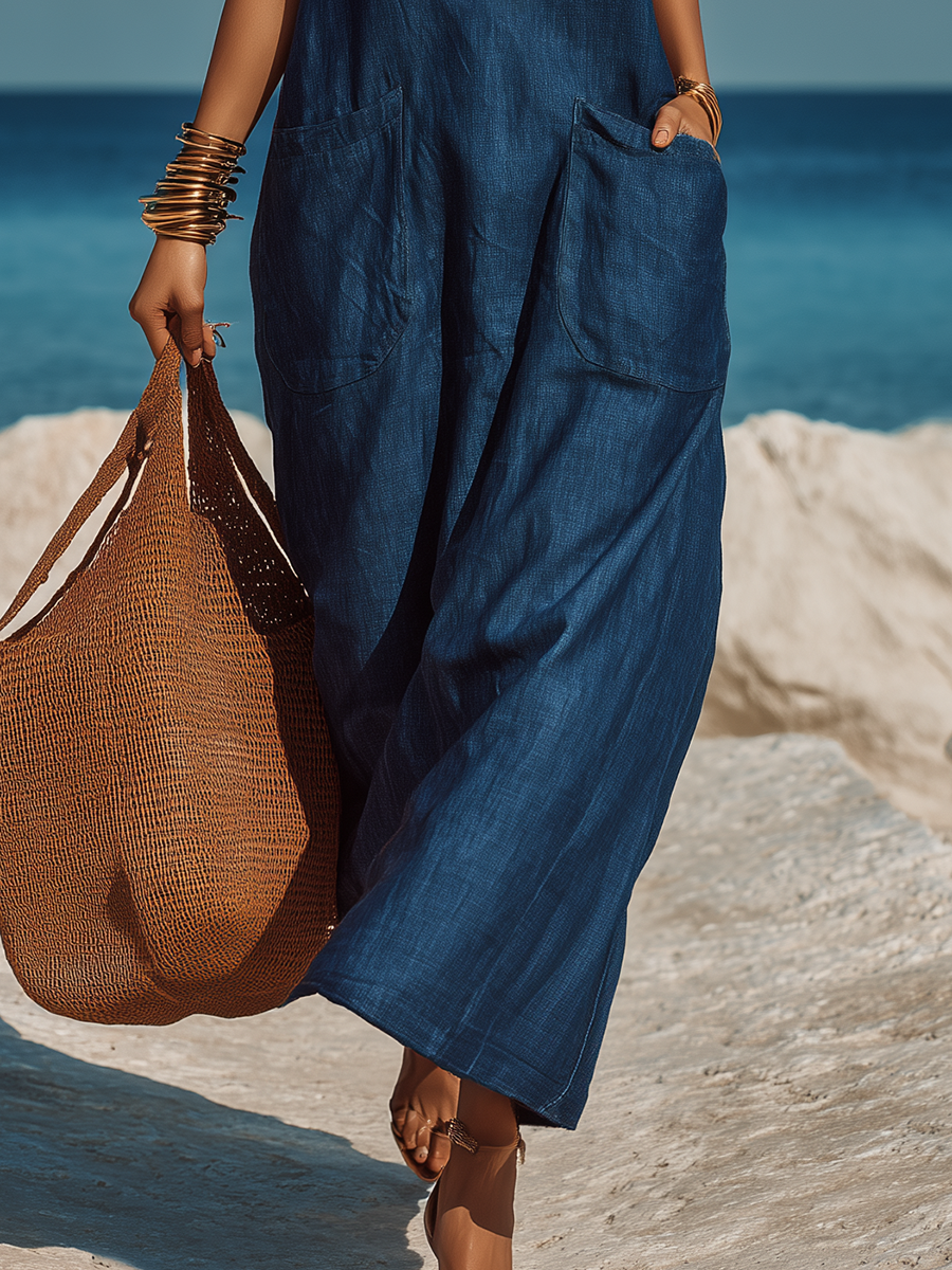 Minimalist Vacation V-neck Sleeveless Tencel Denim Maxi Dress