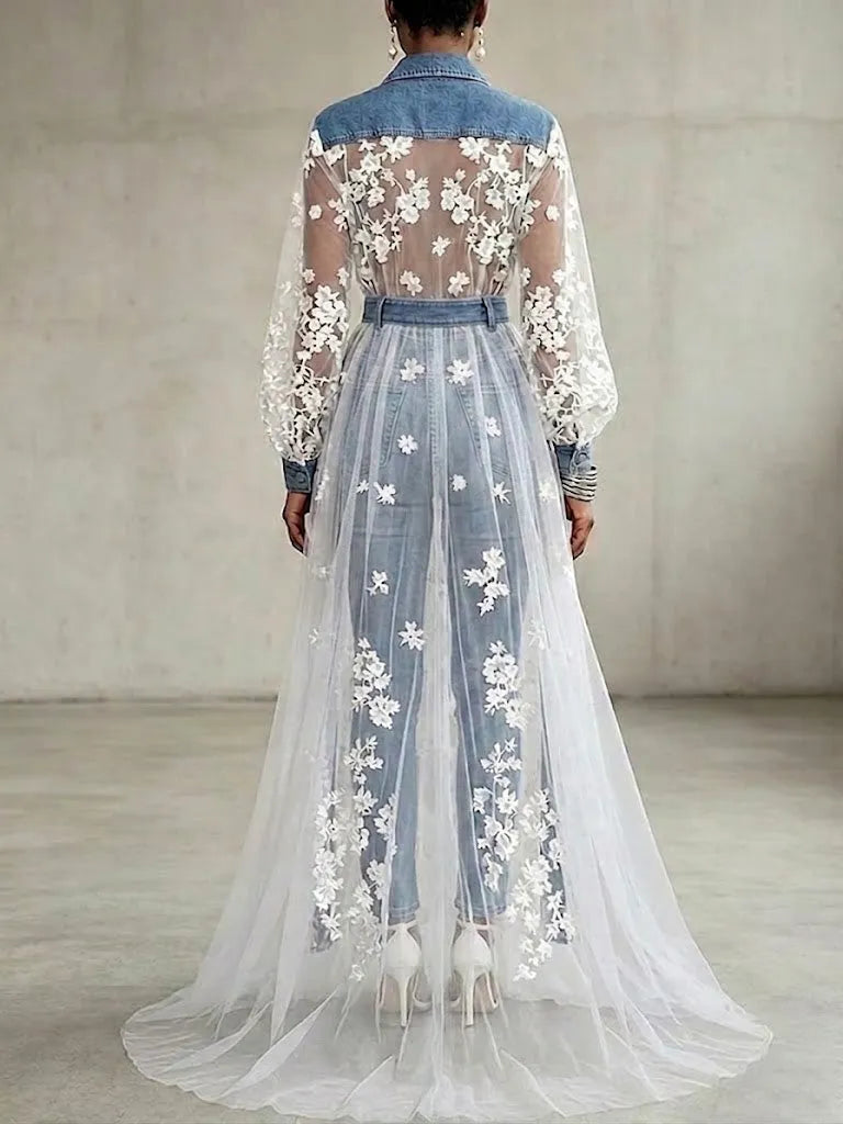 Vintage-style Blue Lace & Denim Maxi Dress â Collared, Sheer, With Lantern Sleeves And Contrast Accents