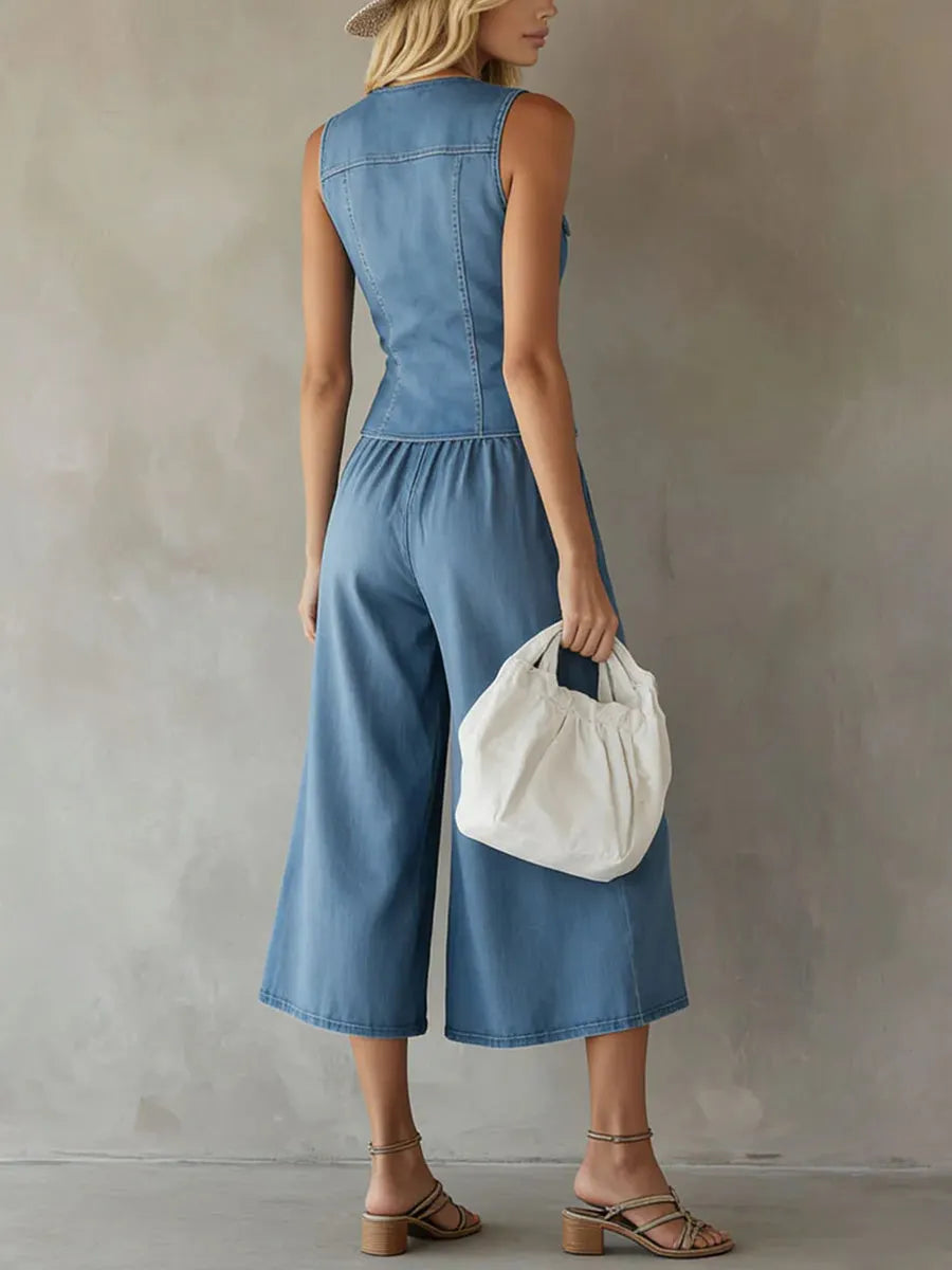 Women's Casual Denim Set: V-neck Sleeveless Top & High-waisted Wide-leg Pants
