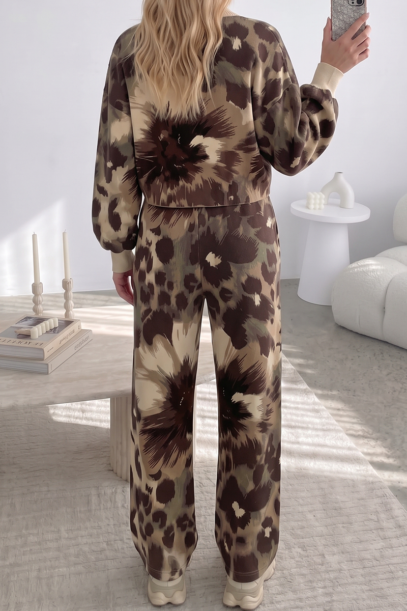 Women's 2-Piece Animal Print Loungewear Set Contrast Trim Button Front Cardigan and Matching Pants Co-ord