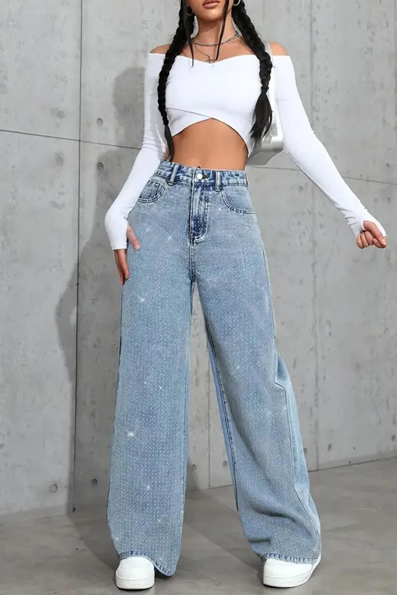 Women's Soft Washed Beaded Straight-Leg Jeans