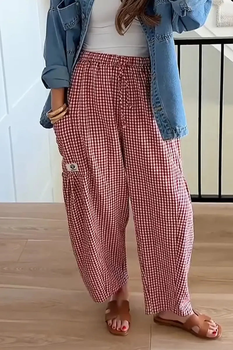 Women Drawstring Plaid Casual Loose Linen Pants