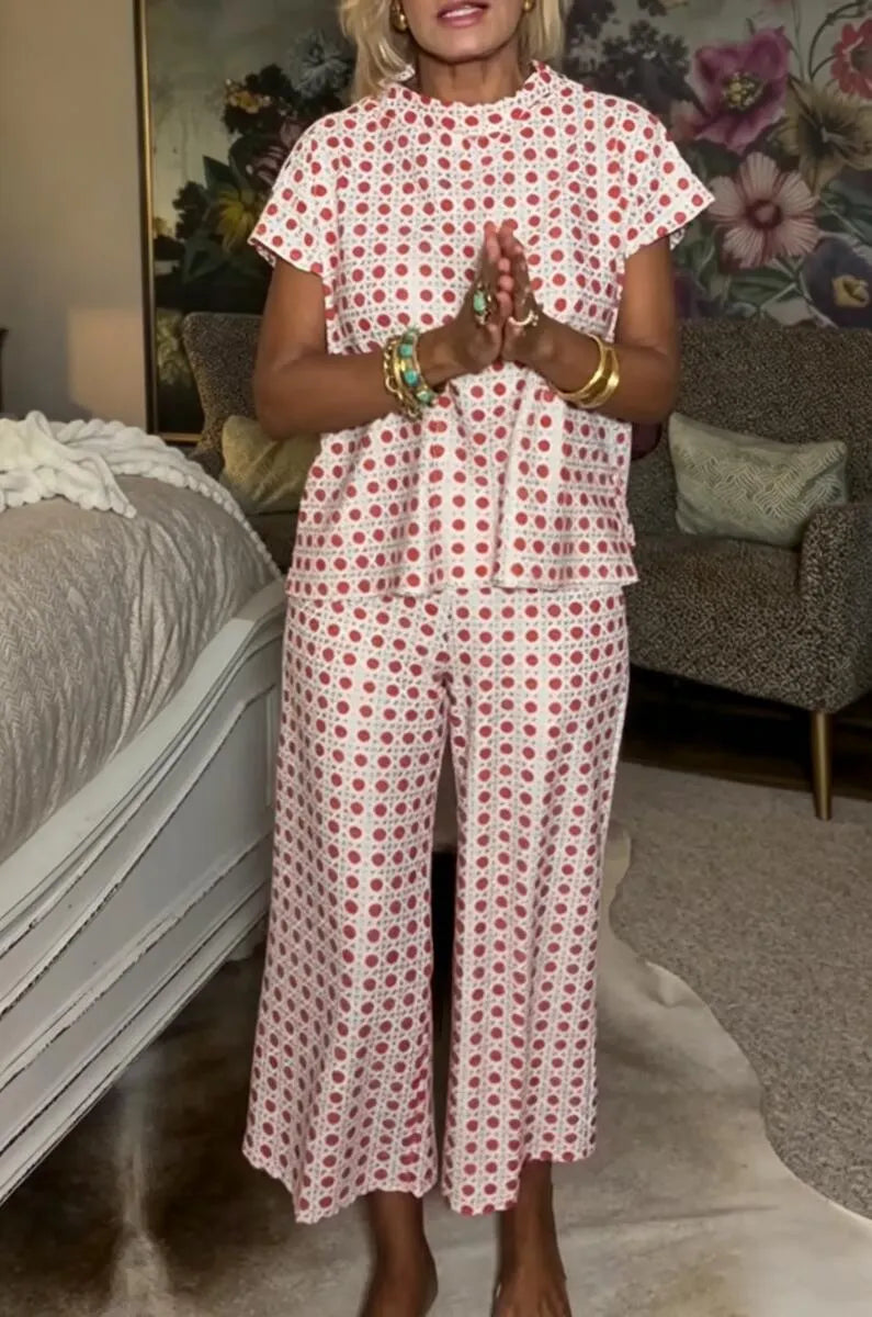 Women's Round Neck Polka Dot Print Casual Suit