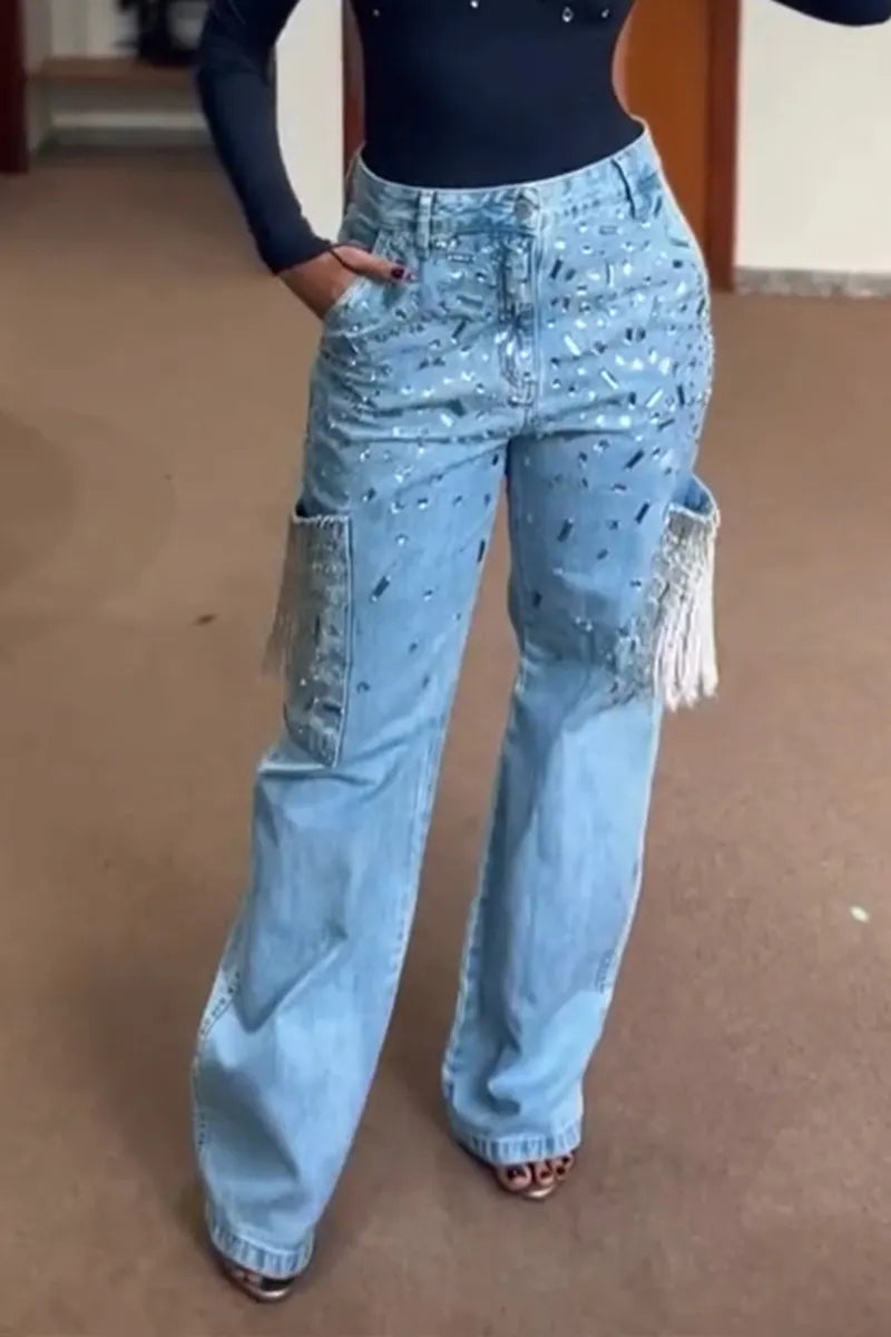 Women's Fashion Open-Back Stretch Rhinestone Top or Fringe Jeans