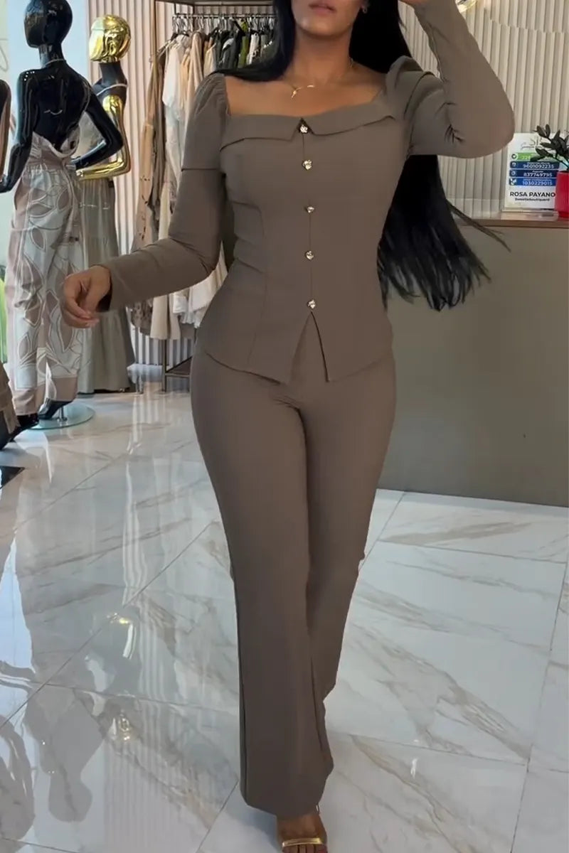 Women Square Neck Breasted Top+ Pants Casual Outfit with Temperament