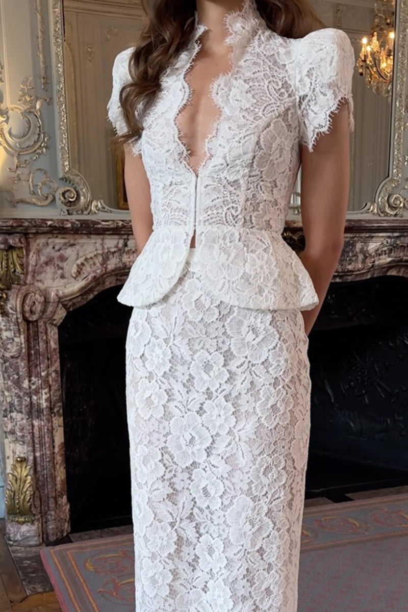 Women's Elegant Lace V-Neck Slim Top or Long Skirt