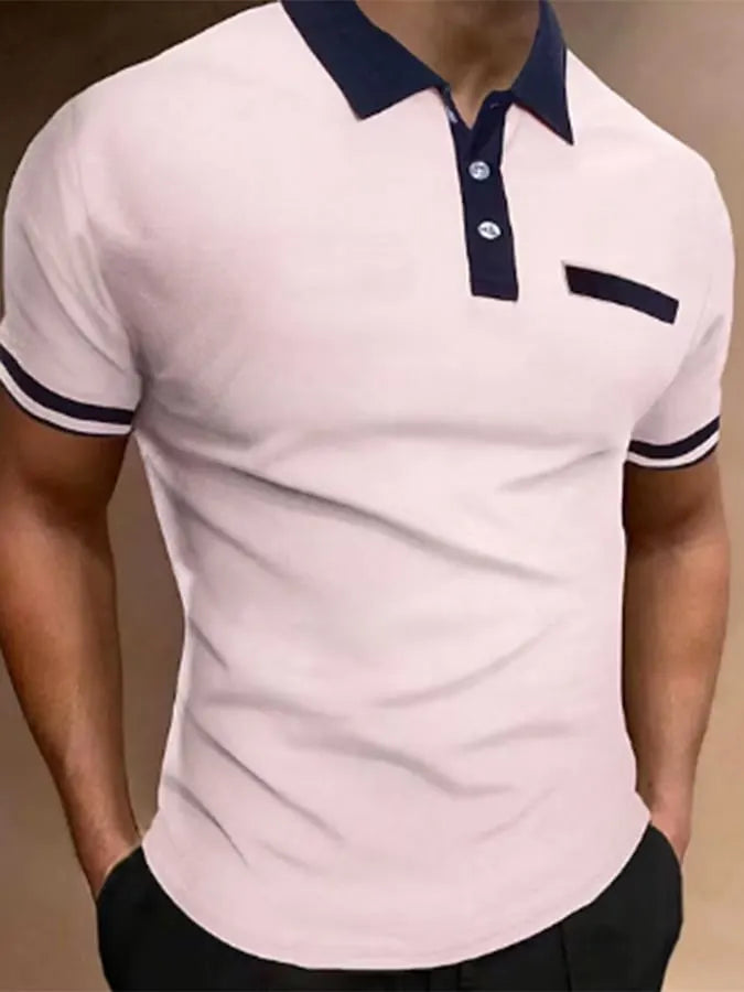 Color-Block Print Lapel Button Pocket Pullover Casual Polo Shirt