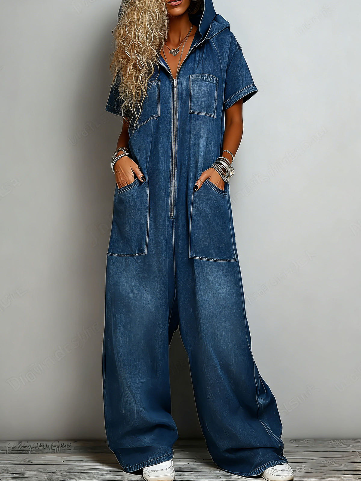 Women’s Short Sleeve Hooded One Piece Denim Jumpsuit
