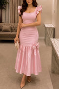 Women's Elegant Beaded Neckline Satin Patchwork Hem Midi Dress