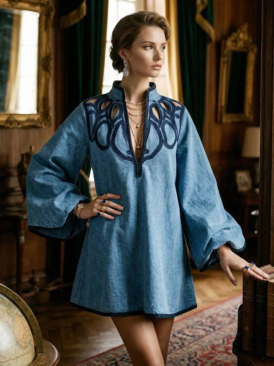 Contrast Color Hollow Split-Joint A-line Long Sleeves Stand Collar Mini Dresses