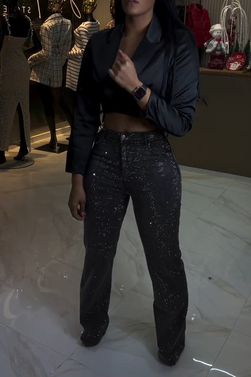 Women's Fashion Shiny Rhinestone Wide Leg Jeans