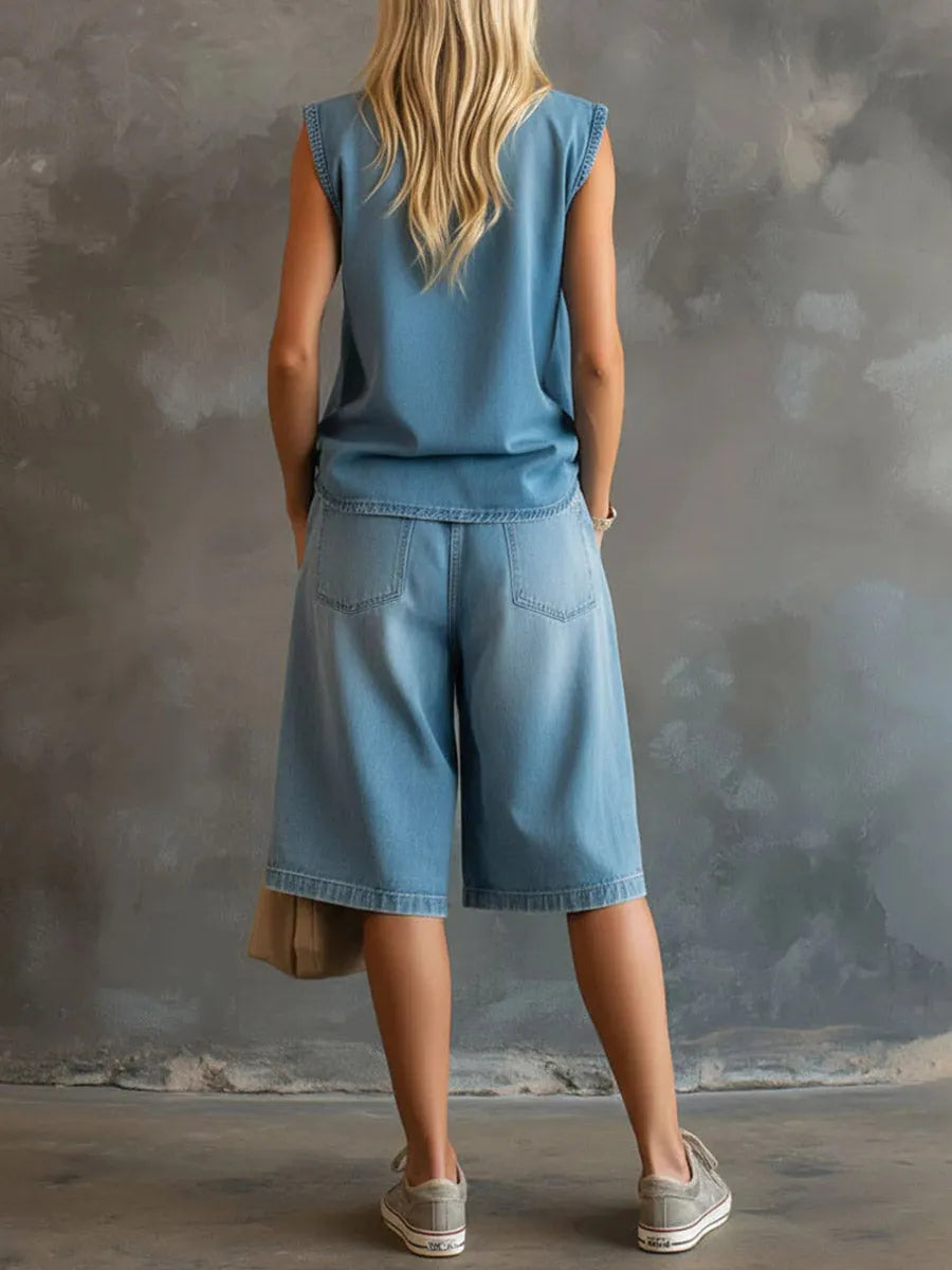Women's V-neck Sleeveless Casual Loose Top With Elastic Waist Casual Loose Wide-leg Shorts Denim Set
