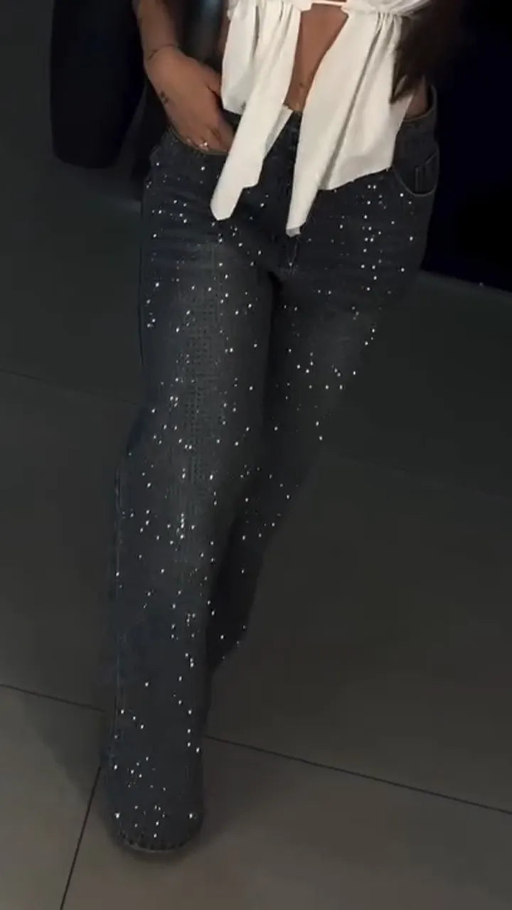 Womens Rhinestone Washed Casual Jeans