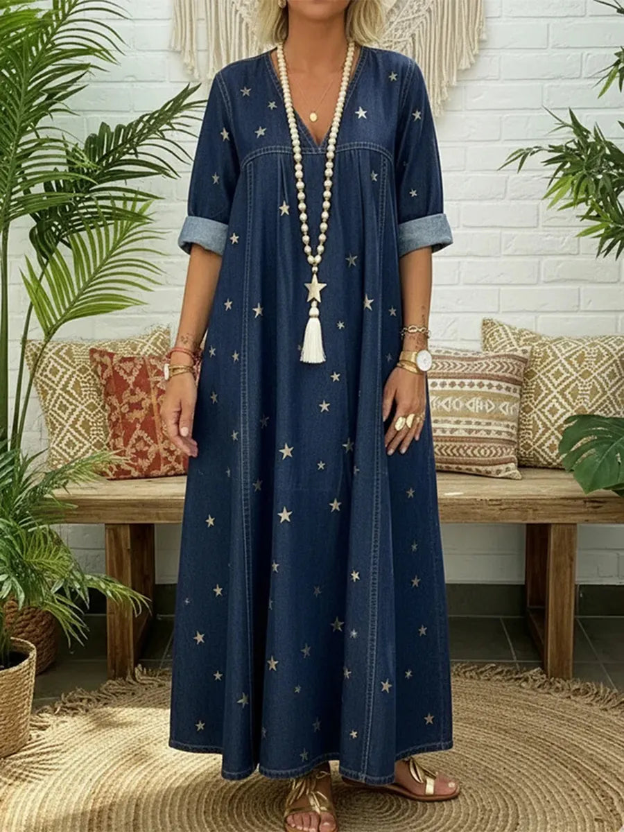 Pleated Pockets Printed Split-Joint A-Line Long Sleeves V-Neck Maxi Dresses