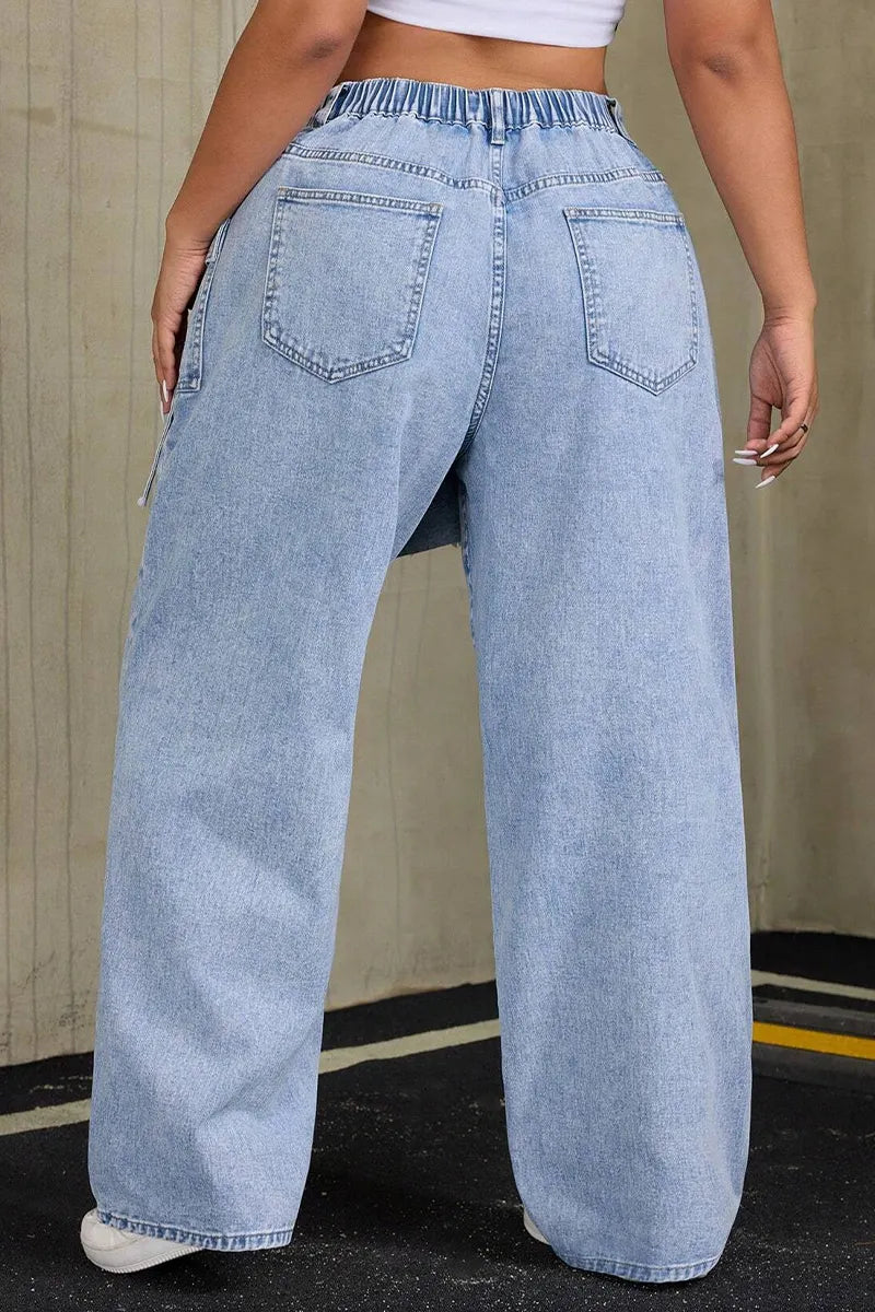 Women Light Wash Denim Skirt Overlay Asymmetrical Frayed Hem Wide Leg Jeans