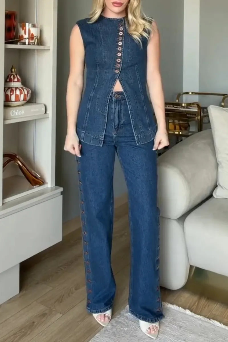Women Casual Round Neck Spliced Buckle Split Denim Top or Jeans