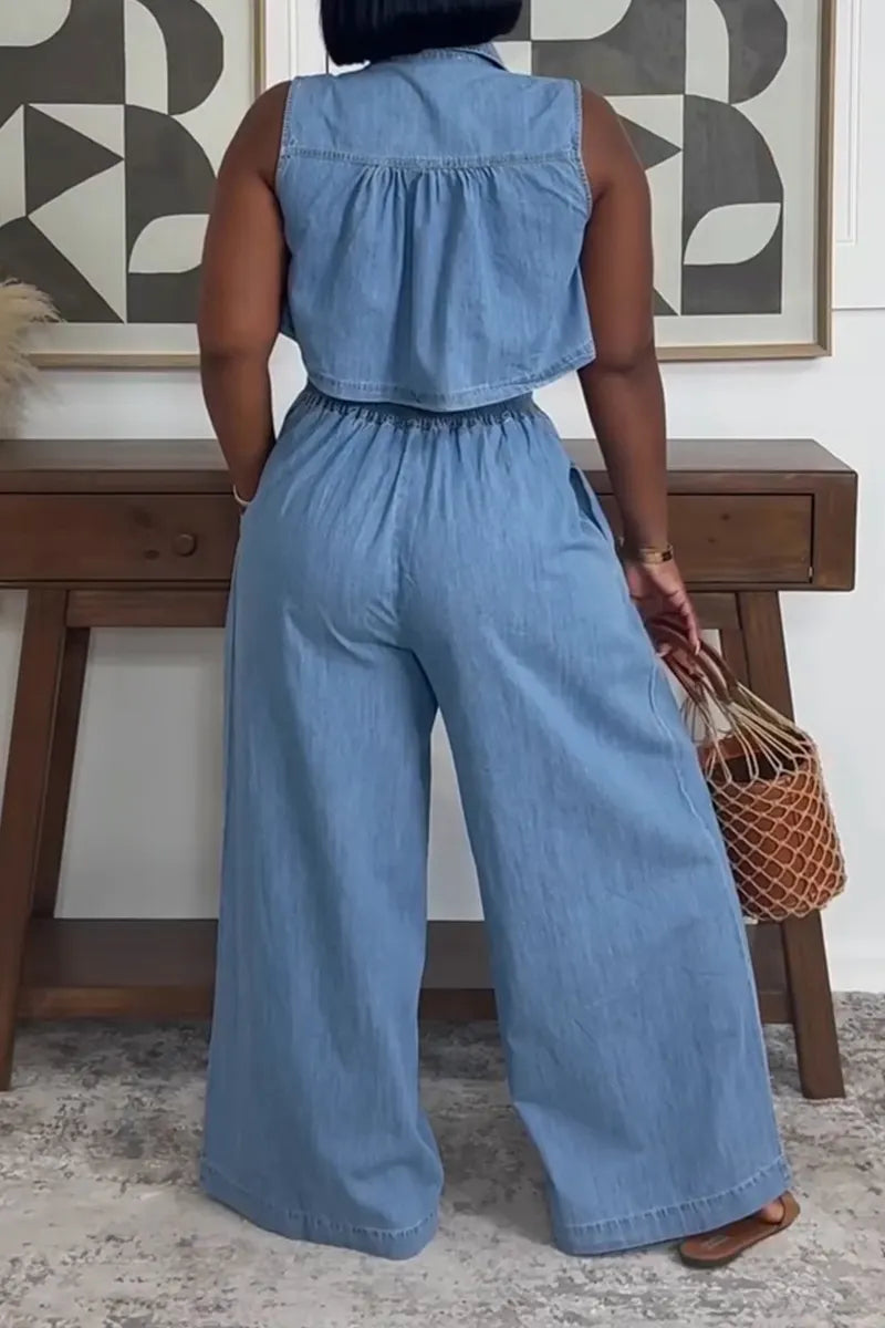Women's Casual Sleeveless Wide Leg Denim Jumpsuit