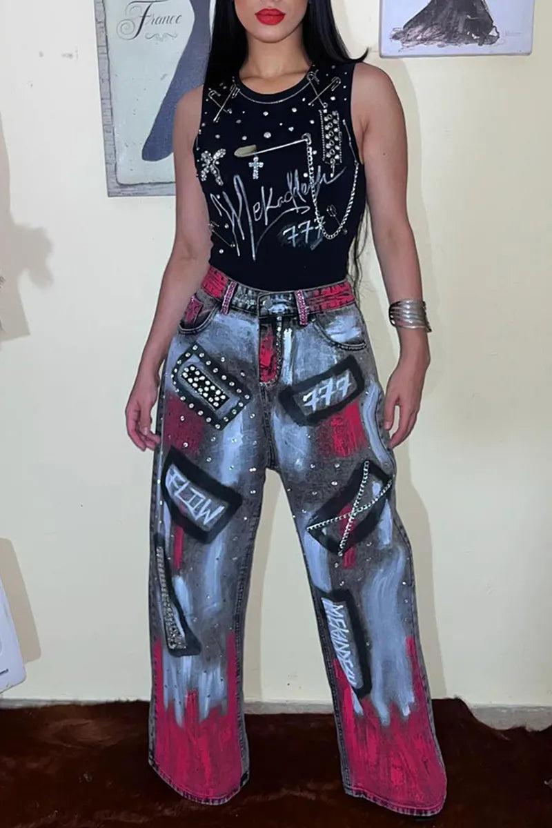 Women's Street Fashion Graffiti Chain Trim Jeans