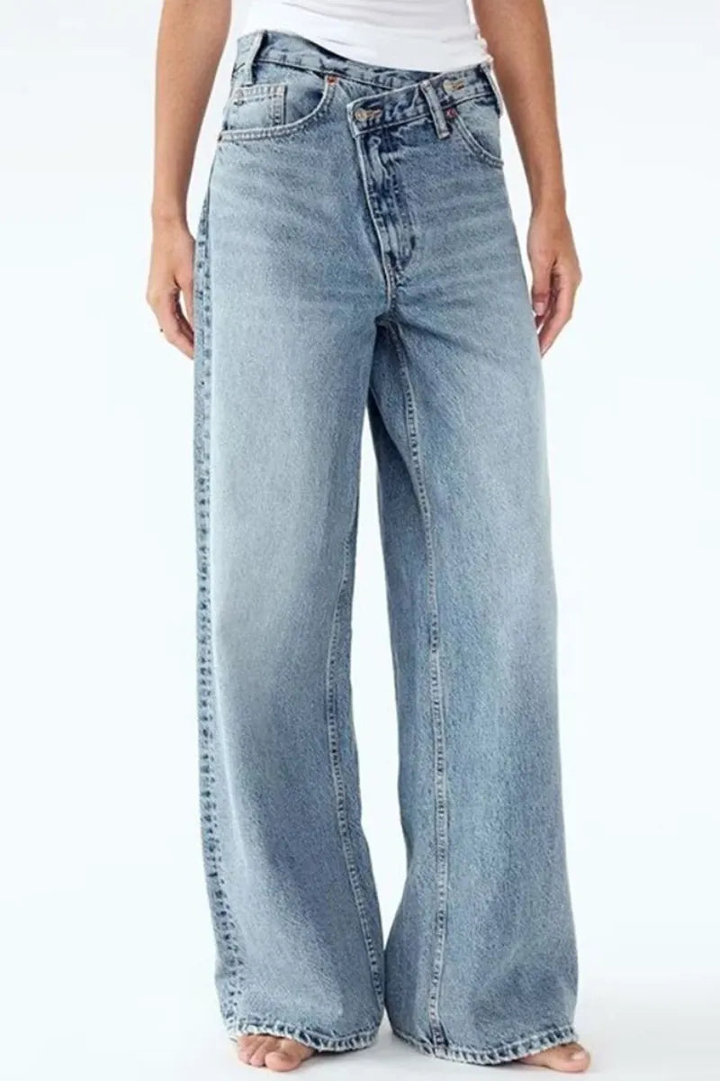 Women's Fashion Asymmetric Waistband Washed Jeans