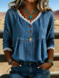 Women's Vintage Floral Print Casual Hollow-Out Denim Shirt