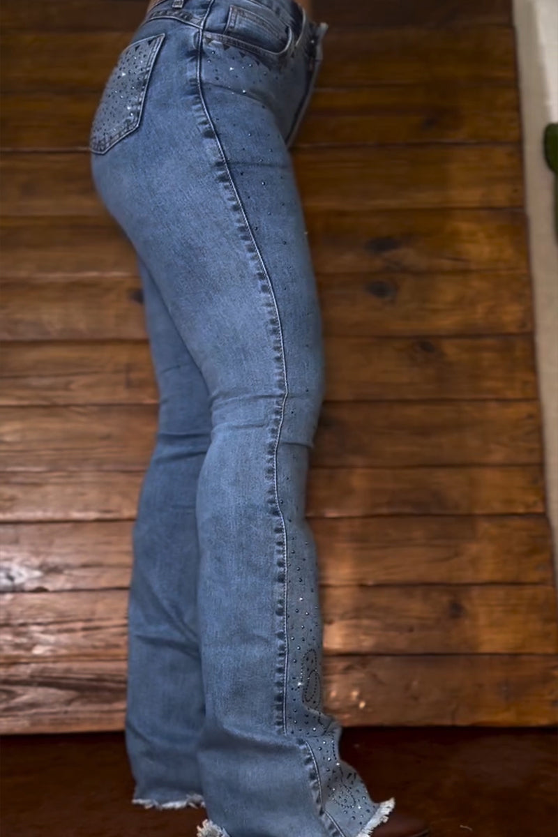 Women's Casual Rhinestone Rivet Decoration Jeans