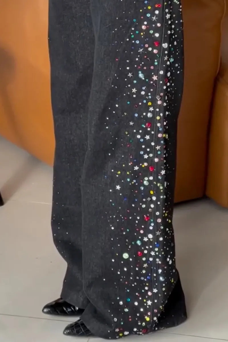 Women's Casual Rhinestone Wide Leg Jeans