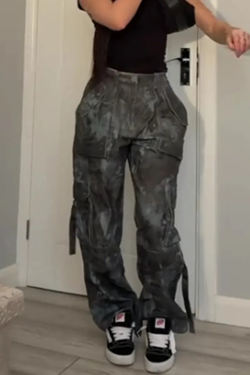 Women's Printed Street Style Jogger Jeans With Multiple Pockets