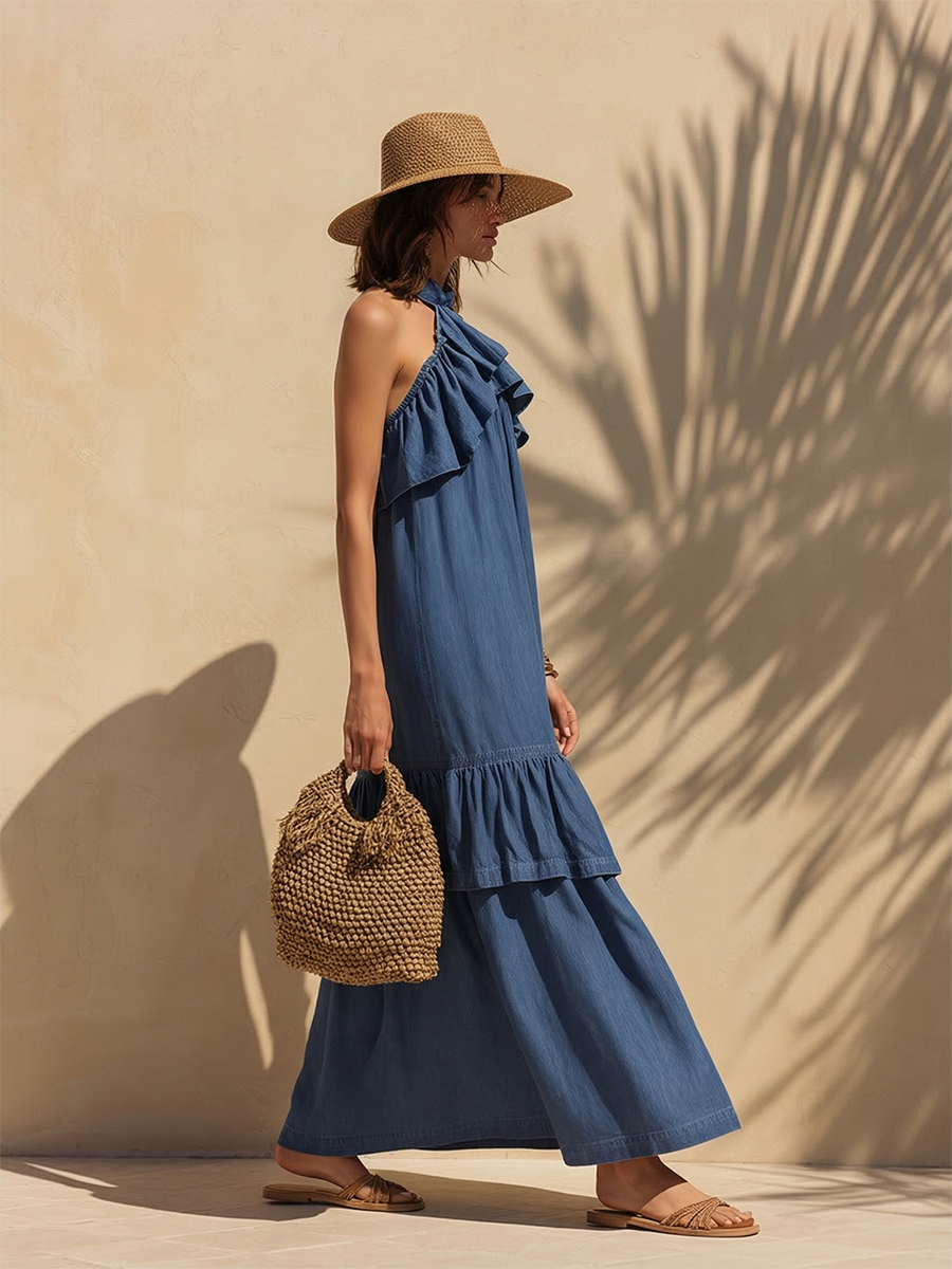 Elegant Bohemian Ruffled Sleeveless Denim Maxi Dress