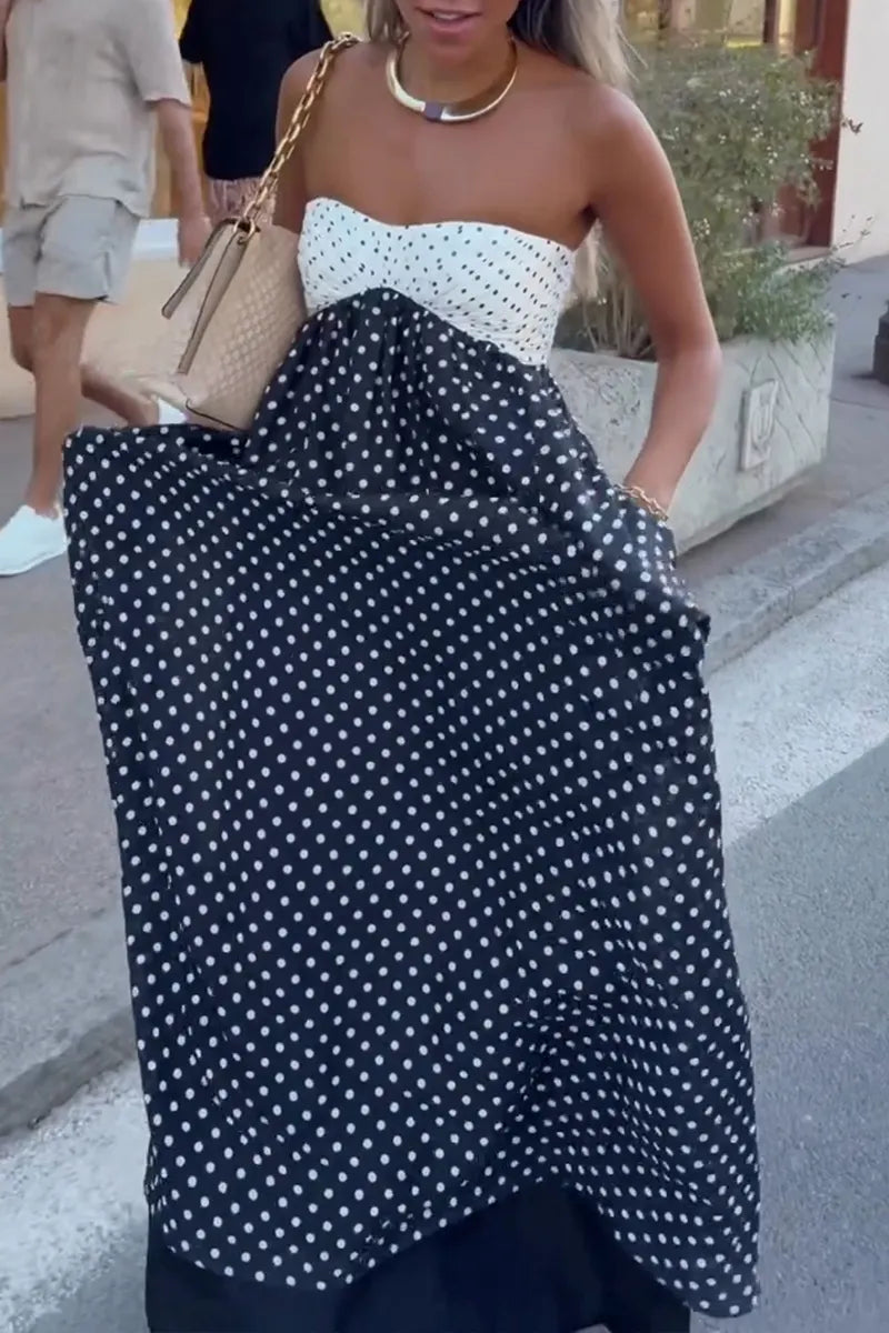 Women's Vacation Strapless Color Block Polka Dot Maxi Dress
