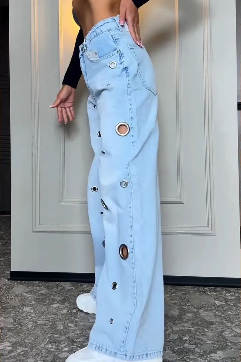 Women's Fashion Metal Hollow-Out Decoration Wide Leg Jeans